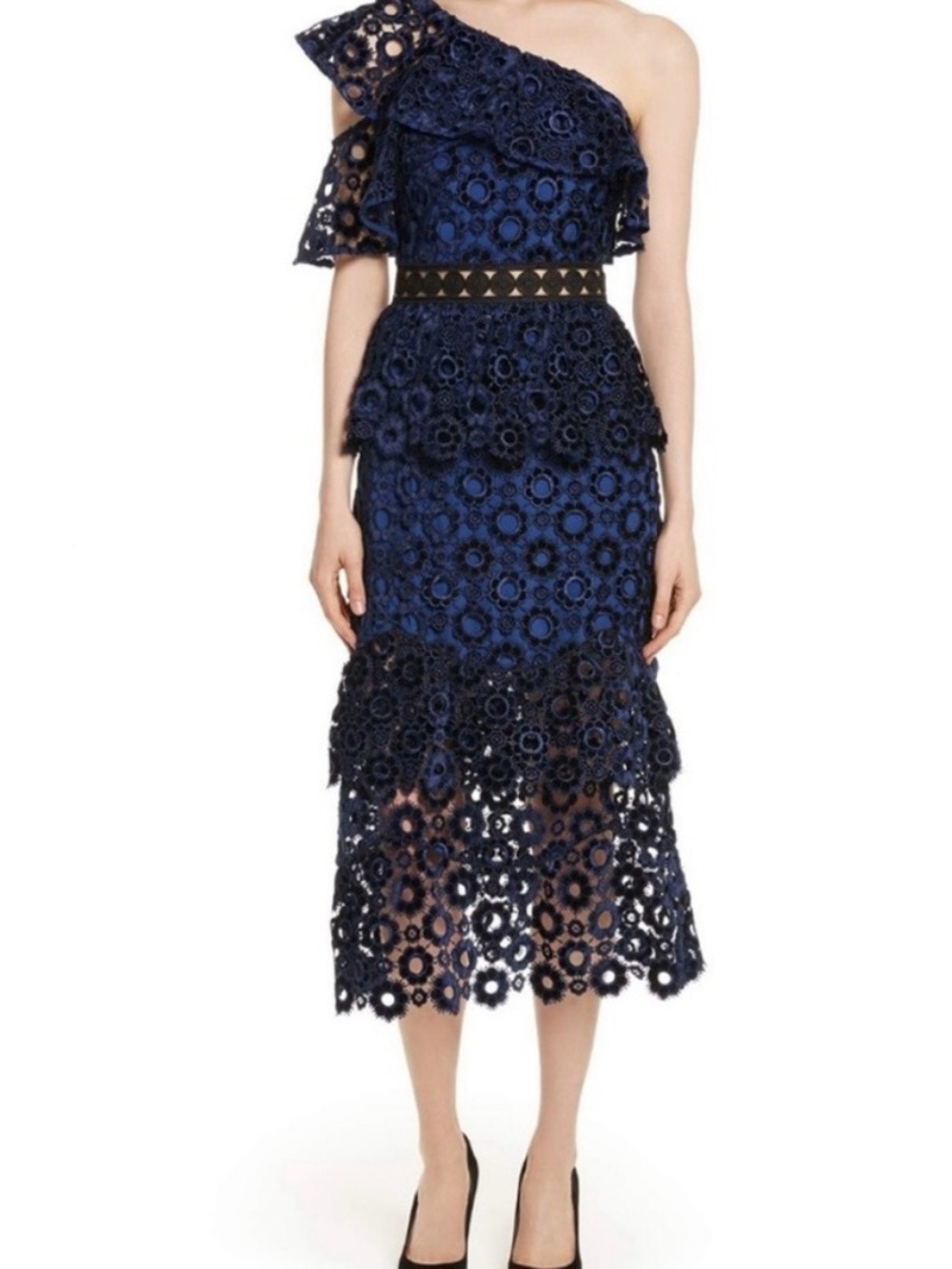 SELF-PORTRAIT - Velvet One-Shoulder Floral Lace Midi Dress Size 0